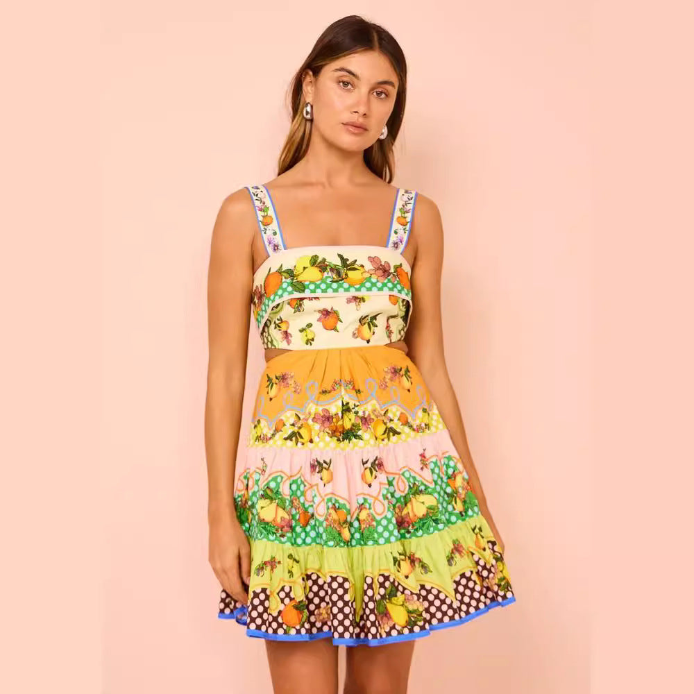 Casual Fashion Printing Sleeveless Smocking Stitching Dresses