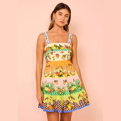 Casual Fashion Printing Sleeveless Smocking Stitching Dresses