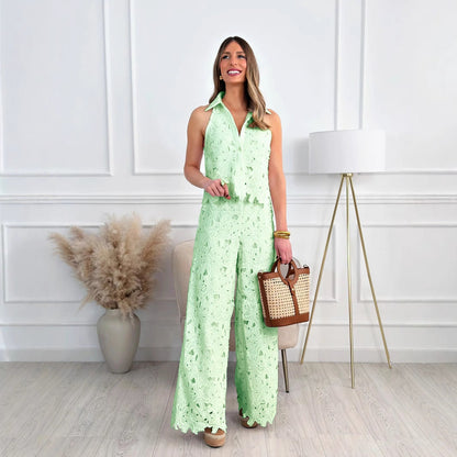 Summer French Style Embroidered Hollow Straight Suits