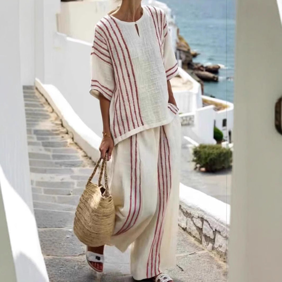 Women's Round Neck Striped Sleeve Cotton Linen Suits