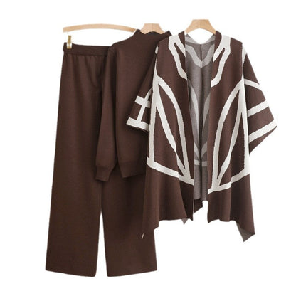 Women's Temperament Idle Style Knitted Shawl Cape Wide Leg Suits
