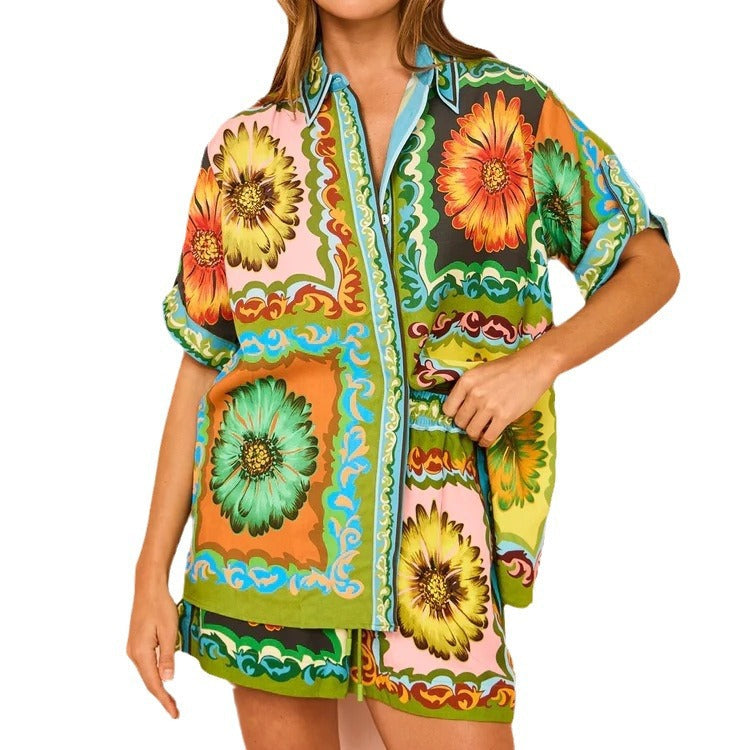 Loose Casual Fashionable Printed Daisy Linen Suits