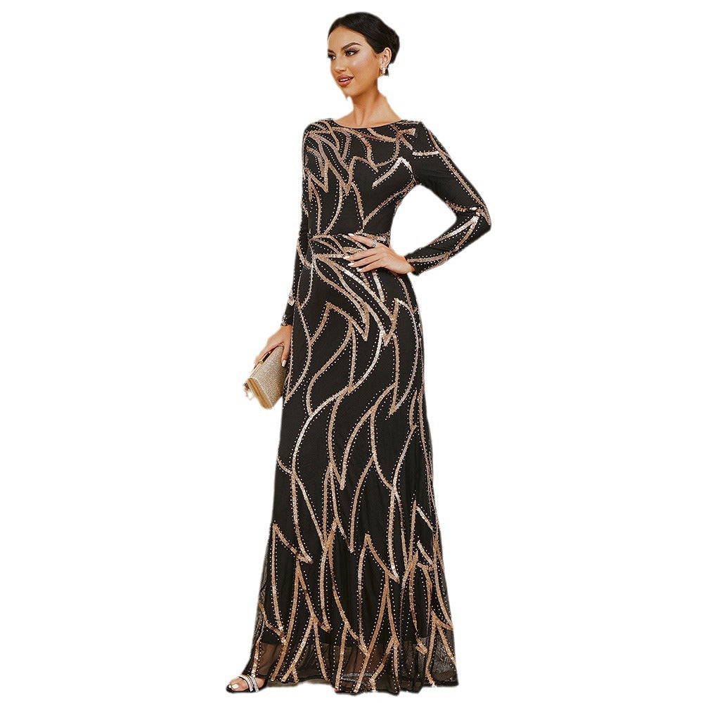 Women's Temperament Long Sleeve Round Neck Sexy Sequined Dresses