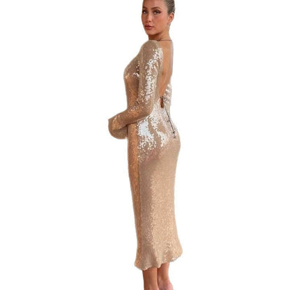 Fashionable Sequined Backless Dress Party Midi Dresses