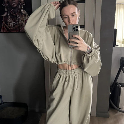 Women's Long Sleeve Cinched Hoodie Trousers With Suits
