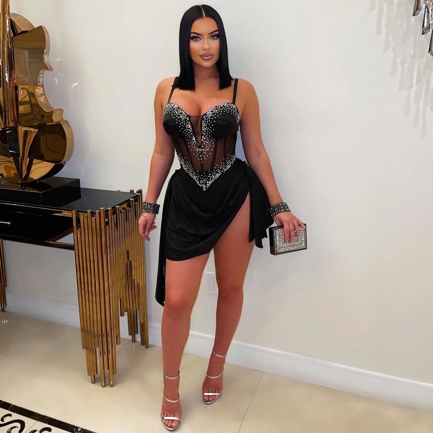 Elegant Rhinestone Strap Waist Elastic Dress Dresses