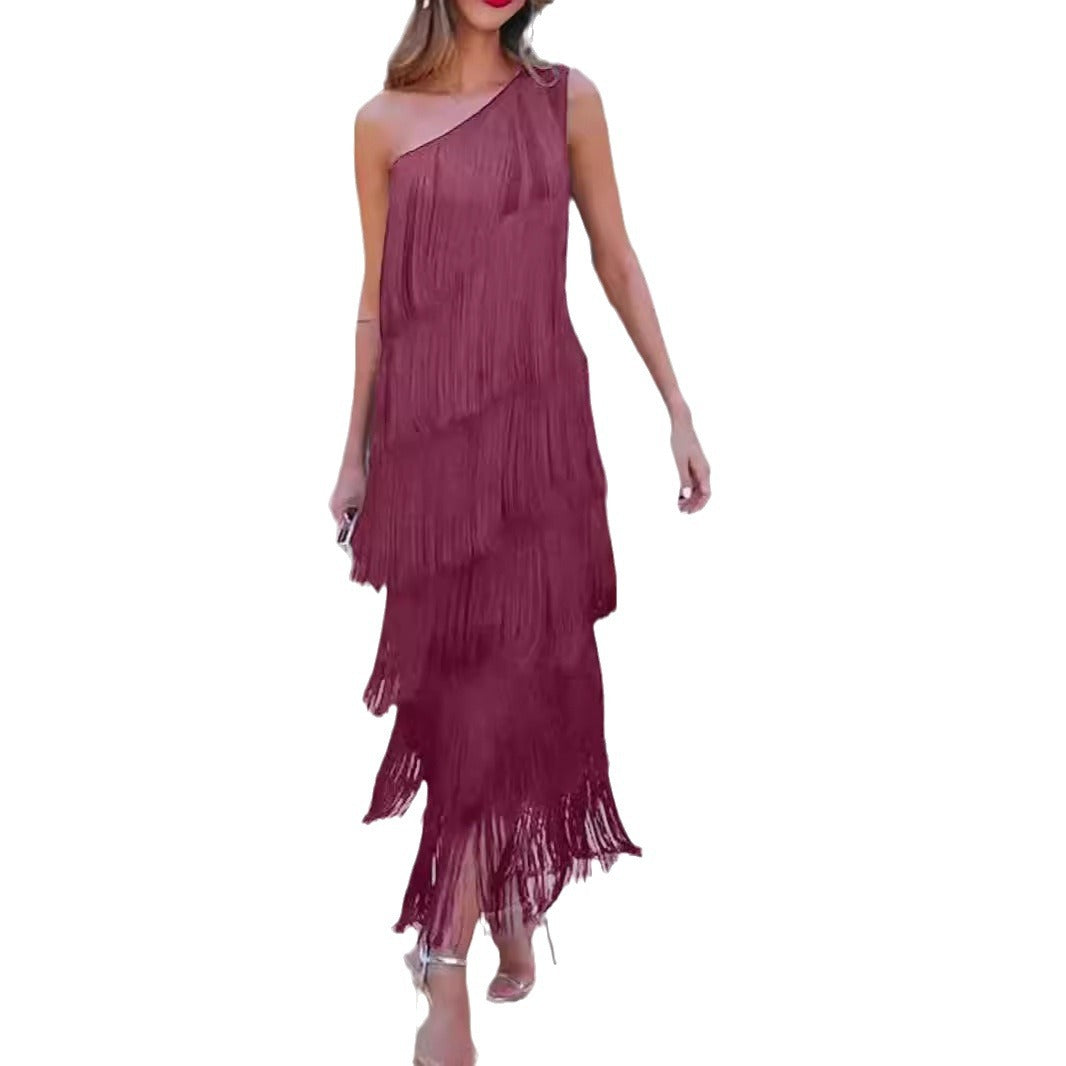New Fashion Tassel Shoulder Asymmetric Dress Dresses