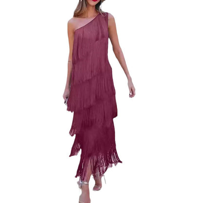 New Fashion Tassel Shoulder Asymmetric Dress Dresses