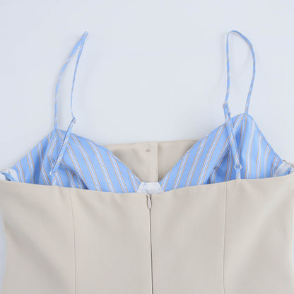 Spring Poplin Stitching Pleated Hem Slip Dresses
