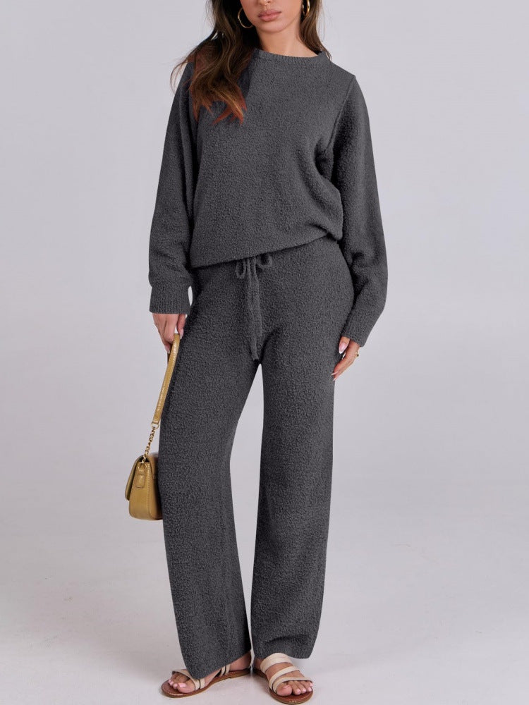 Women's Color Round Neck Long Sleeve Trousers Suits