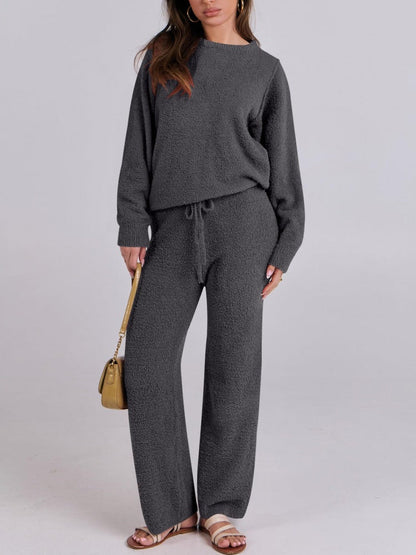 Women's Color Round Neck Long Sleeve Trousers Suits