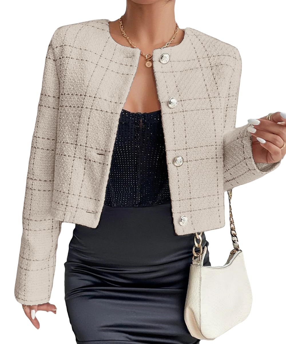 Women's Plaid Button Front Elegant Round Neck Coats
