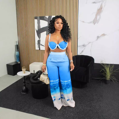 Sexy Positioning Printed Trousers Two-piece Set Suits