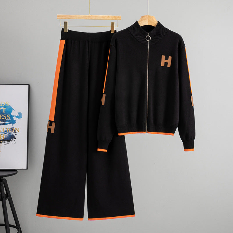 Women's Set Round Neck Zipper Outerwear Casual Wide Suits