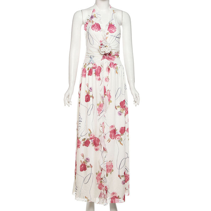 Women's Three-dimensional Flower Flexible Ruffled Design Halter Dresses