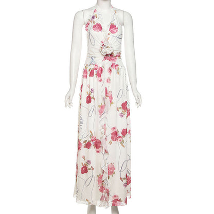 Women's Three-dimensional Flower Flexible Ruffled Design Halter Dresses