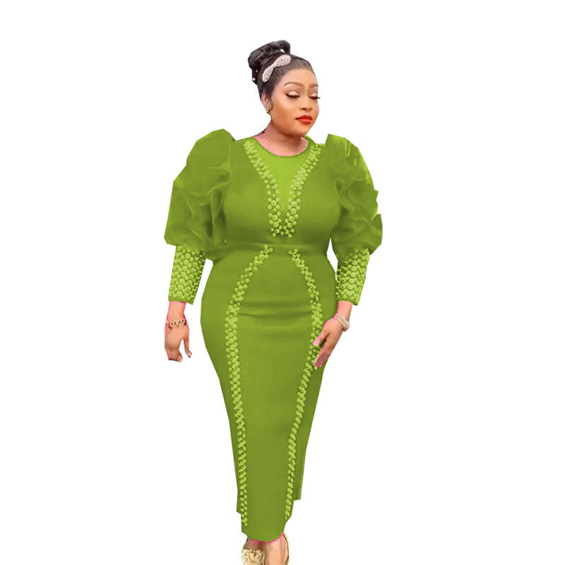 Women's Rhinestone Beaded Puff Sleeve Long Slim Dresses