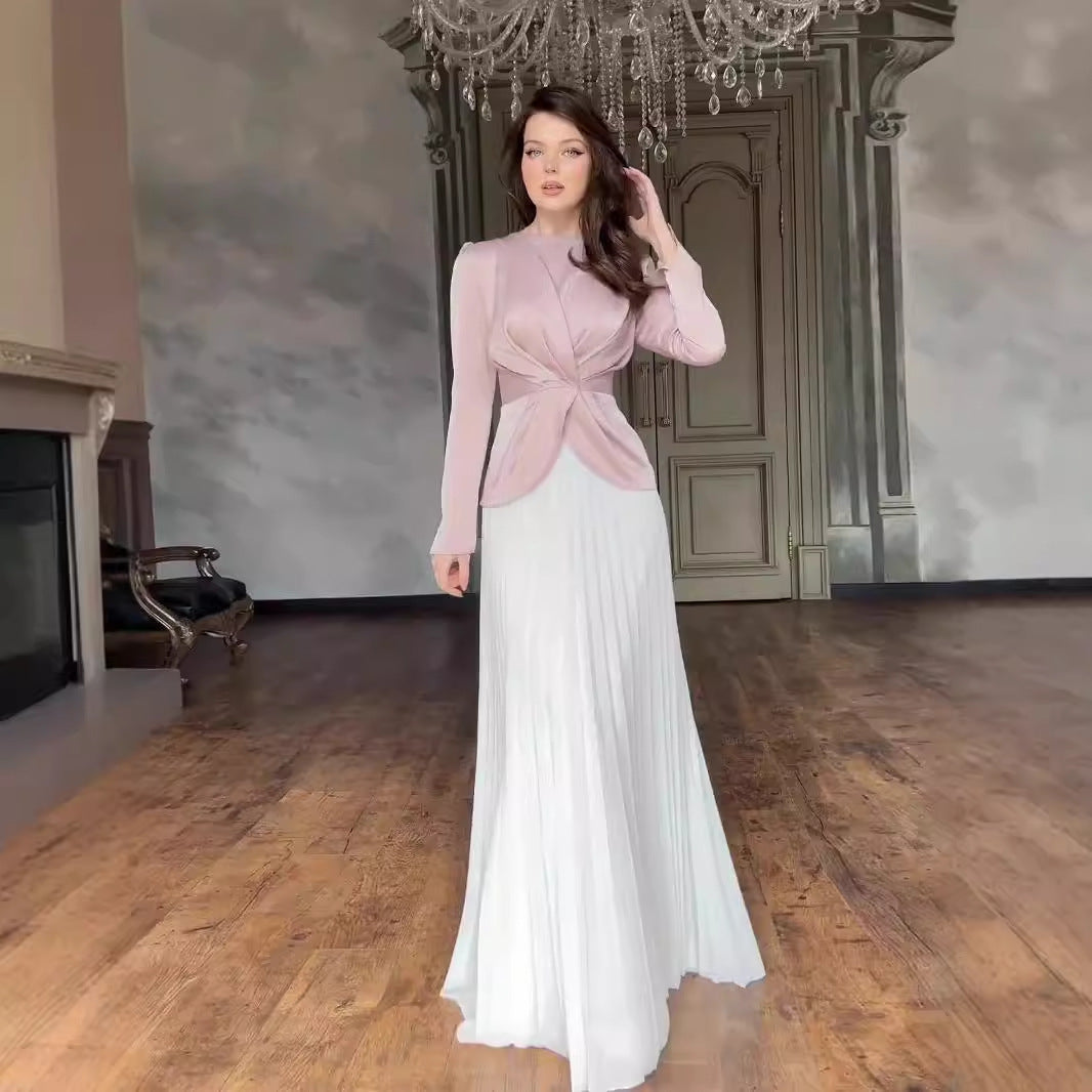 Women's Autumn Fashion Color Contrast Pleated Maxi Dresses
