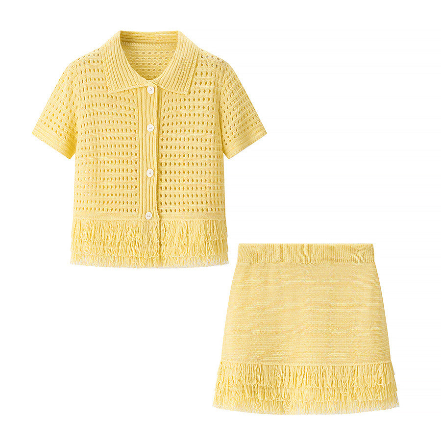 Women's Tassel Short-sleeved Knitted High Waist Mini Suits