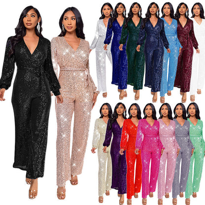 Women's Deep V Fashion Casual Long Sleeve Jumpsuits