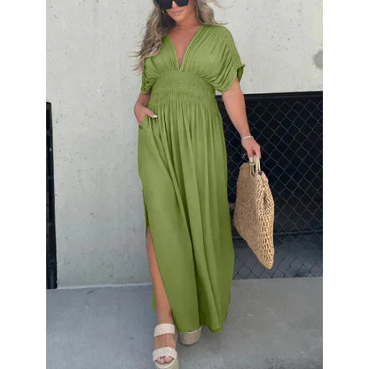 Solid Color Bat Sleeve Elastic Waisted Slimming Dresses