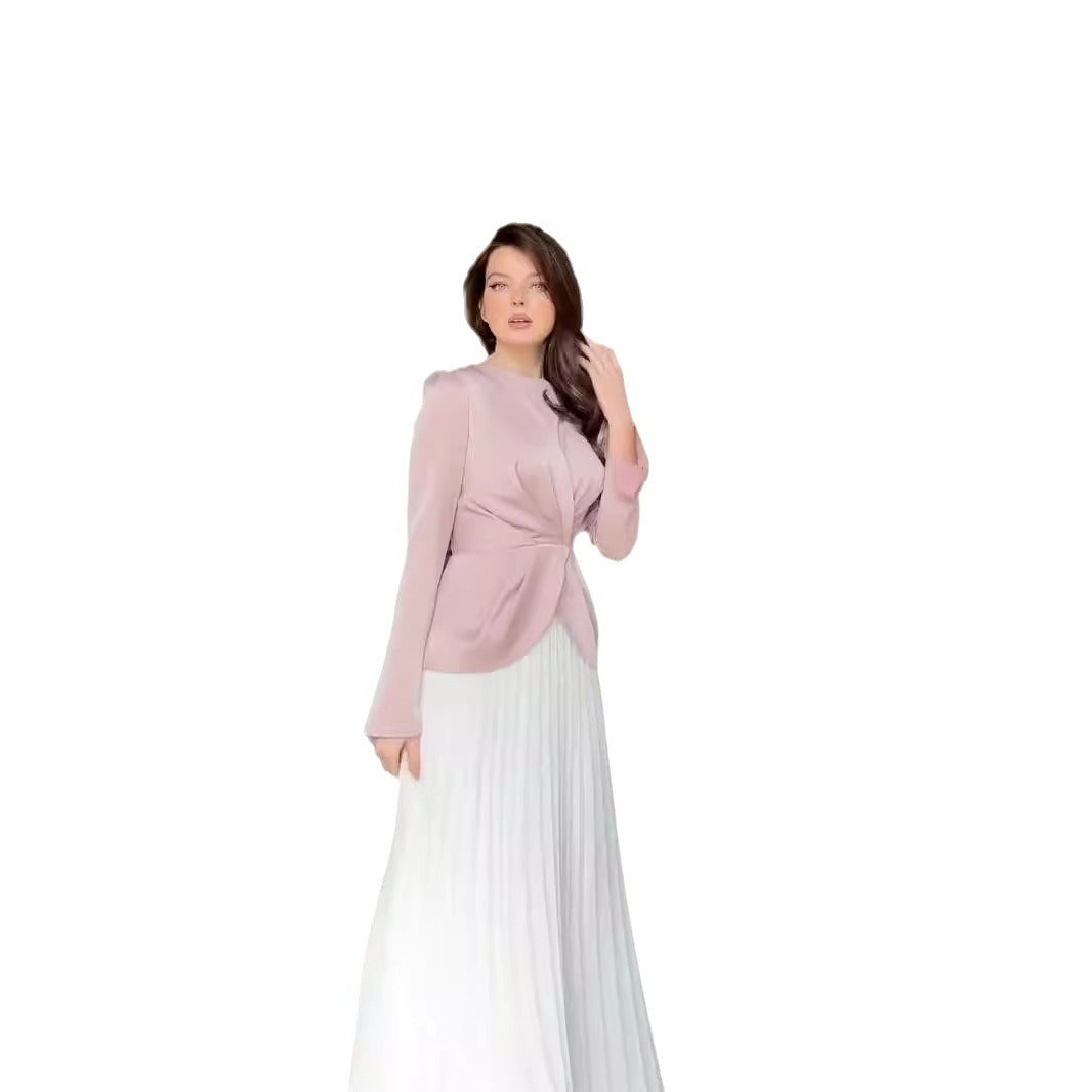 Women's Autumn Fashion Color Contrast Pleated Maxi Dresses