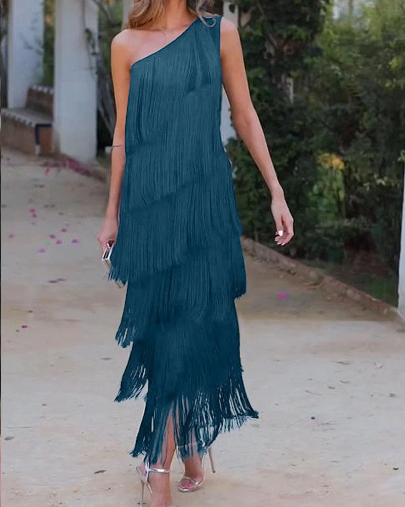 New Fashion Tassel Shoulder Asymmetric Dress Dresses