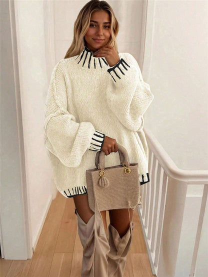 Women's Turtleneck Design Contrast Color Loose Pullover Sweaters