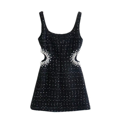 Women's Pearl Decorative Woolen Midriff Outfit Sling Dresses
