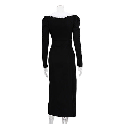 Women's White Contrast Color Split Long Dress Doll Dresses