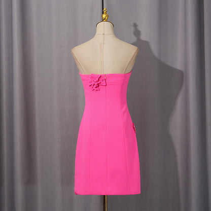 Women's Style Rose Pink Tube Three-dimensional Flower Decoration Summer Fashion Dresses