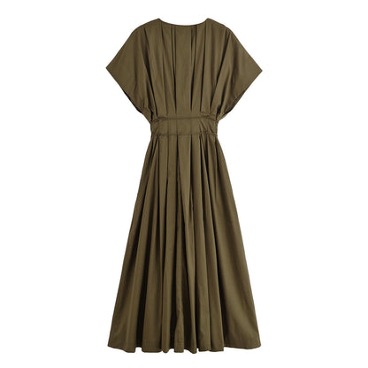 Women's Pullover Pleated Draping Shoulder Sleeve Midi Dresses