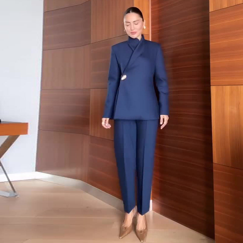 Women's Autumn Fashion Blue Stand Collar Simple Suits