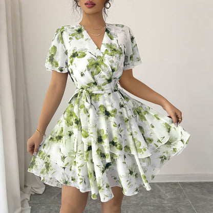 Women's Casual Holiday Floral Print Sleeve Cake Skirts