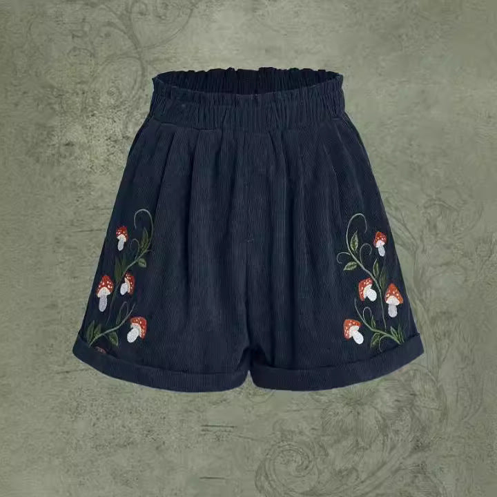 Corduroy Mushroom Embroidered Elastic Waist Casual Shorts