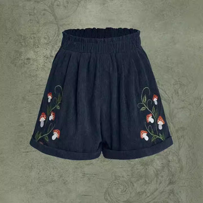 Corduroy Mushroom Embroidered Elastic Waist Casual Shorts