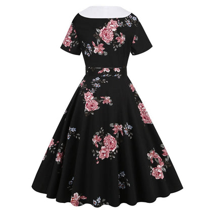 Retro Printed Patchwork Large Swing Hepburn Dresses