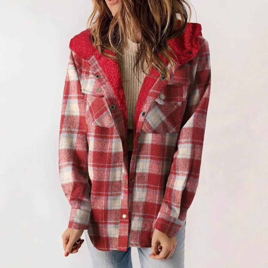 Women's Plaid Long Sleeve Furry Hooded With Jackets