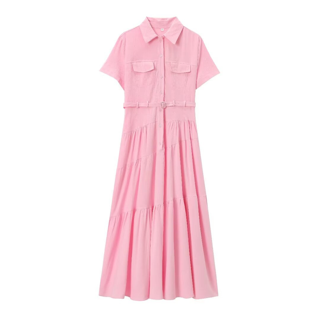 Spring With Belt Shirt Stitching Dress Dresses