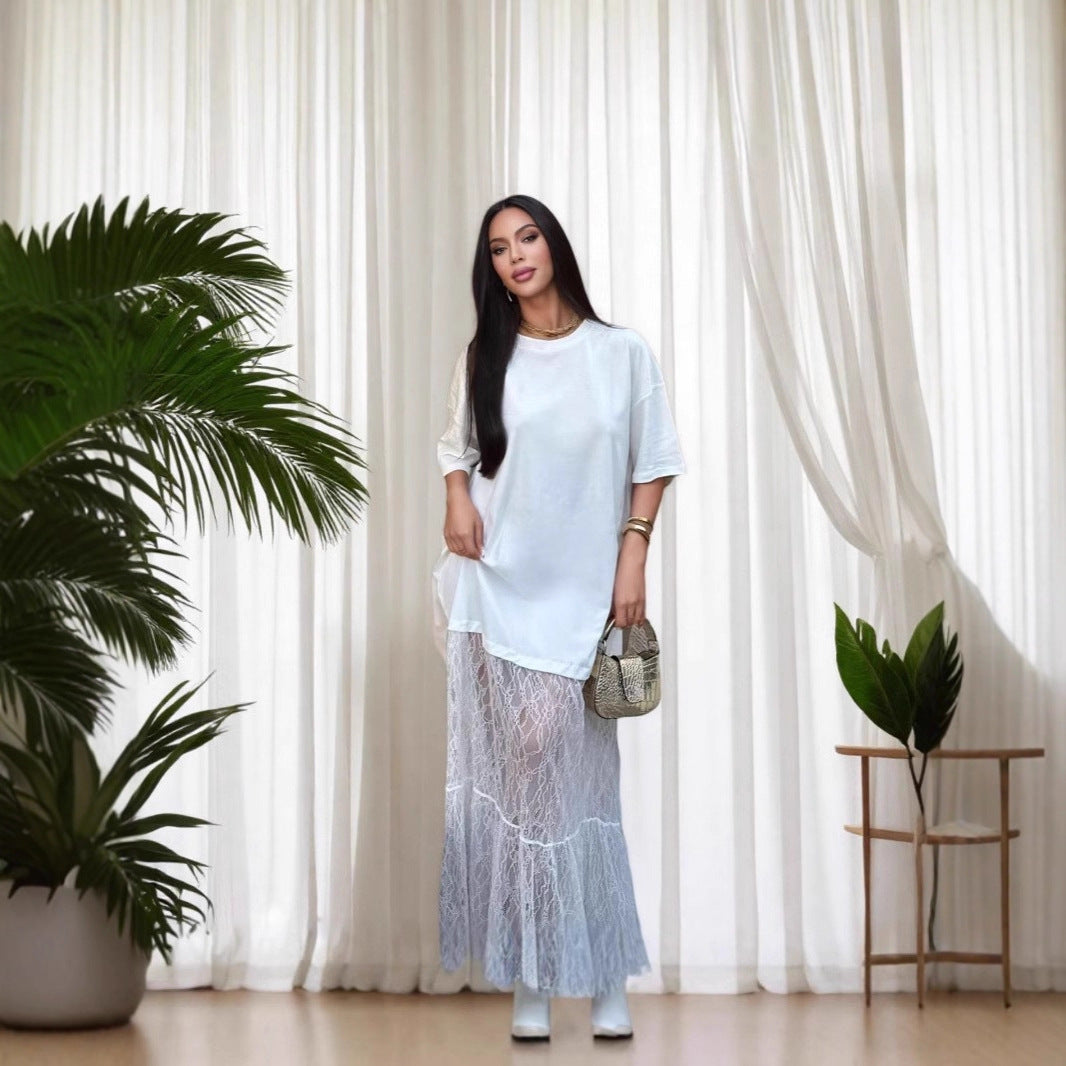 Women's Neck Stitching Lace Dress Summer Niche Goddess Dresses