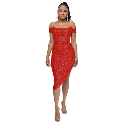 Women's Split Draped Dress Summer Sequined Backless Dresses