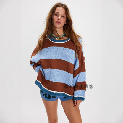 Women's Color Striped Pullover Fashionable Knitted Loose Sweaters