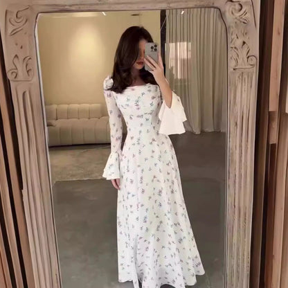 Women's Summer U-shaped Collar Printed Long Sleeve Flared Clothing