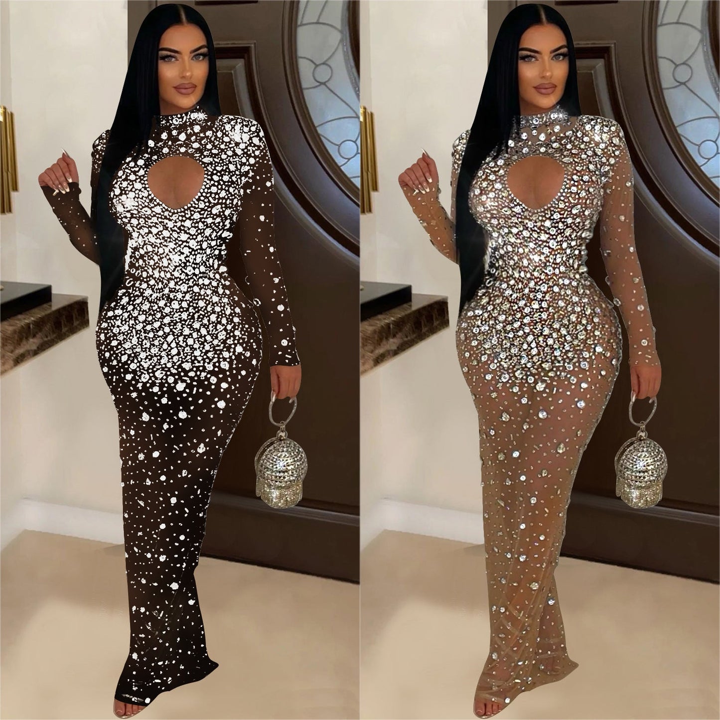 Women's Fashion Wear Round Neck Rhinestone Dress Dresses
