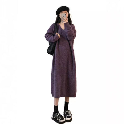 Women's Style Purple Long Dress Simple Western Knitted Dresses
