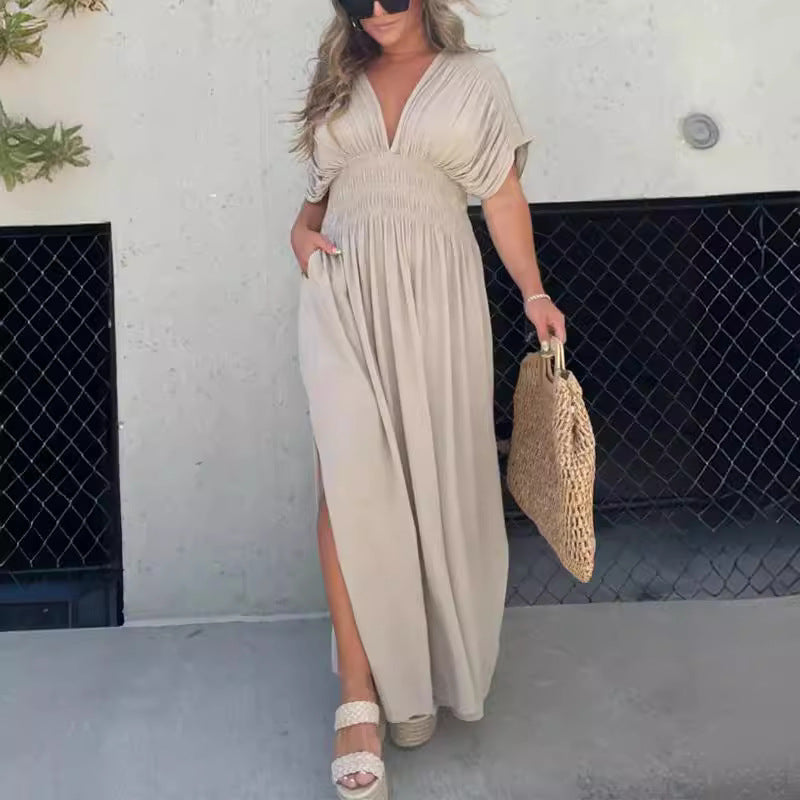 Solid Color Bat Sleeve Elastic Waisted Slimming Dresses