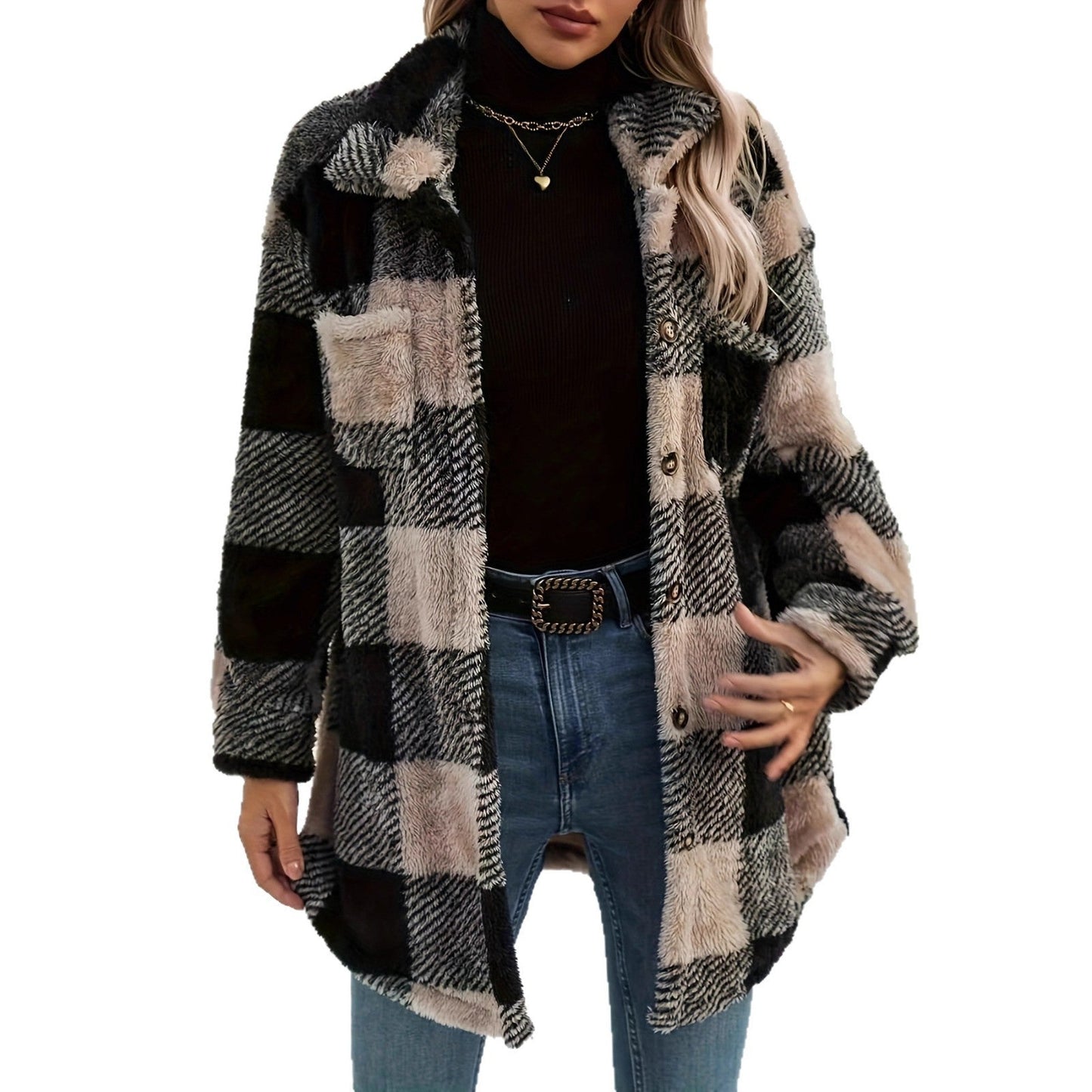 Women's Long Sleeve Double Pocket Plaid Fur Coats
