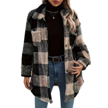 Women's Long Sleeve Double Pocket Plaid Fur Coats