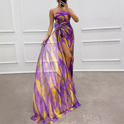 Women's Chiffon Floral Print Slit Dress Casual Dresses