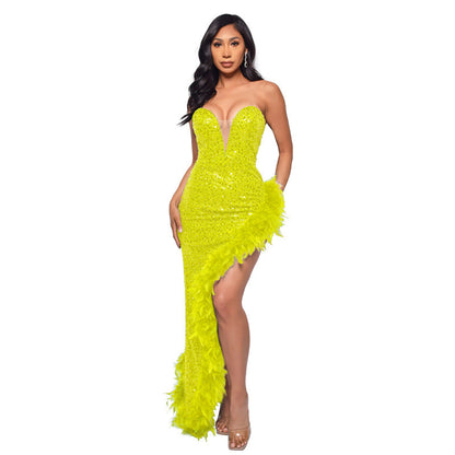 Women's Tube Sequined Feather Dress French Dresses